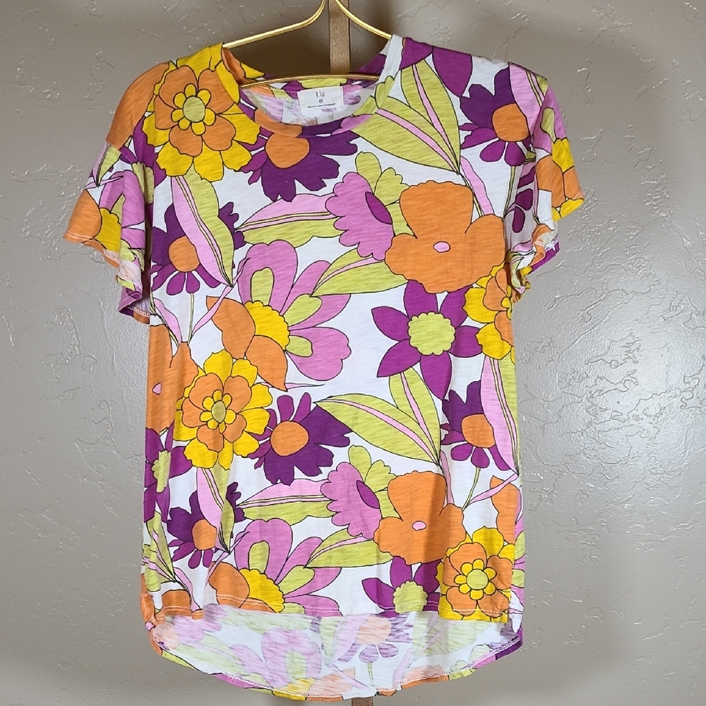 T.La Anthropologie Floral Short Sleeve Top - Purple, Orange, Yellow XS
